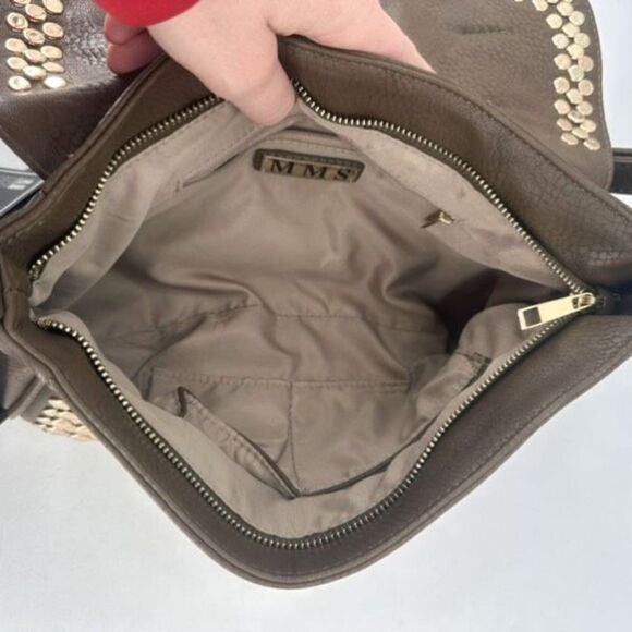 NWT MMS Design Studio Brown & Gold Studded vegan leather Crossbody shoulder Bag - Picture 5 of 15